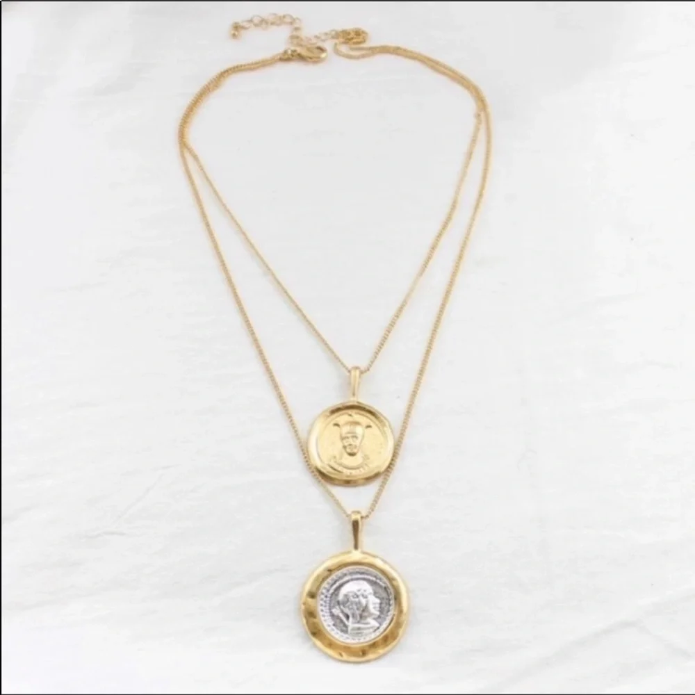 NEW 18K Gold Vintage Coind Double Chain Necklace - Picture 3 of 5